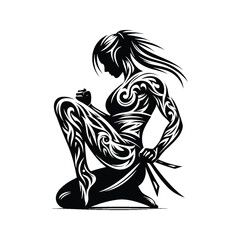 Obraz premium Judo , martial art , Karate , Taekwondo female player in ethnic tribal pattern illustration, emblem shield badge