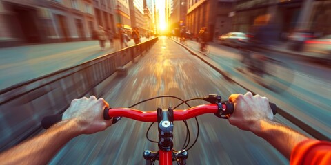 Obraz premium Urban Velocity: Cyclist Riding Fast on City Streets at Sunset