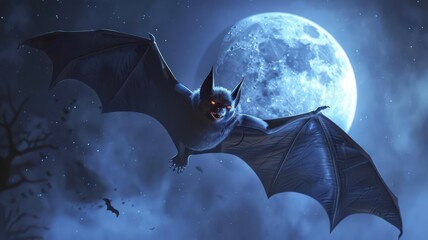 A 3D cartoon bat flying over a moon