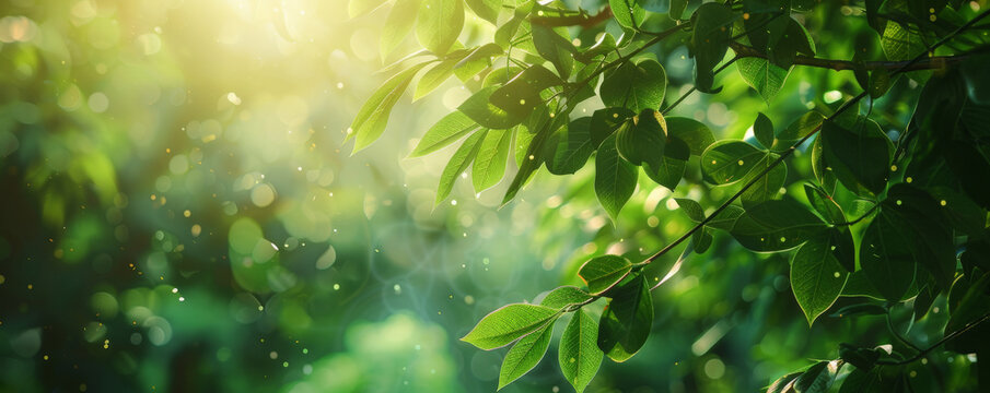 A tranquil nature backdrop with lush green leaves and dappled sunlight, creating a peaceful and natural setting.