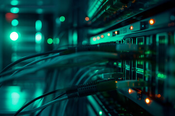Naklejka premium Minimalistic photo of an electric wire connected to a computer in a server room, creating a high-tech atmosphere.