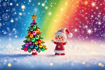 Fototapeta premium Colorful Christmas tree with multicolored ornaments and a star on top, set against a backdrop of a vibrant rainbow and sparkling stars. A cartoon character dressed as Santa Claus is standing.