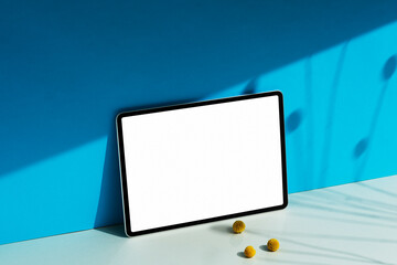 Blank screen digital tablet mockup on blue background