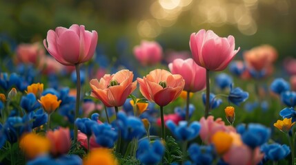 Fototapeta premium Beautiful pink and orange tulips are blooming in a field of colorful flowers, illuminated by warm evening sunlight