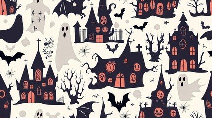 A whimsical design showcases spooky elements like haunted houses, playful ghosts, and bats, perfect for Halloween-themed decorations