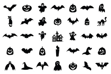 Halloween icon set. Halloween black silhouette icon set. Halloween pumpkins of 35 Halloween icon collection. Halloween pumpkins character silhouettes collection. Vector illustration.