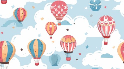Colorful hot air balloons drift gracefully among fluffy clouds in a cheerful, bright blue sky, creating a delightful and whimsical atmosphere