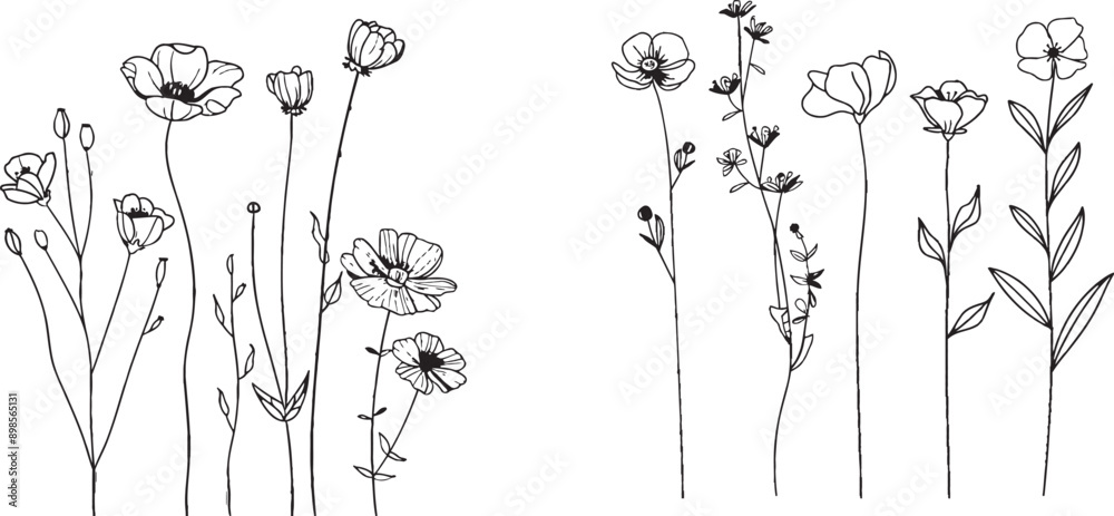 Poster an abstract set of three modern one line art flowers based on natural elements