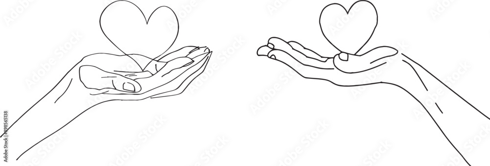 Poster A volunteer care line icon with a curling line. A helping hand sign. A donation symbol. A volunteer outline ribbon. A loop curve pattern.