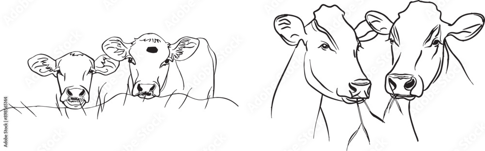 Poster this is a single continuous line drawing of a cow on pasture. the milk calf animal is grazing and th