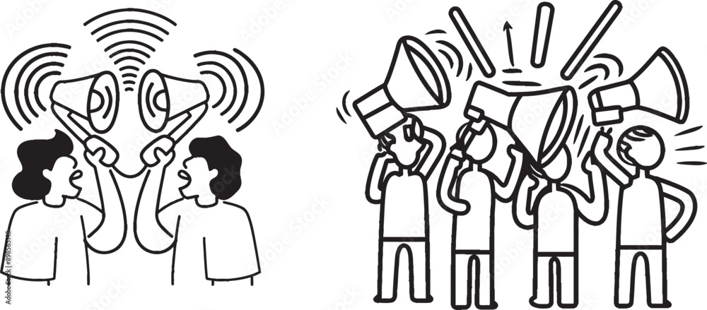 Poster One continuous line with curl. Holding megaphone sign. Advert device symbol. Brand ambassador outline ribbon. Loop curve pattern. Vector.