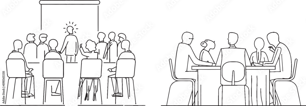 Leinwandbilder one line drawing of an attractive and cheerful trainer giving a life skill lesson to students in a c