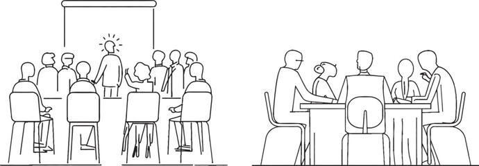 Fototapeta premium One line drawing of an attractive and cheerful trainer giving a life skill lesson to students in a class. Business training and presentation concept. Modern and clean graphic design.