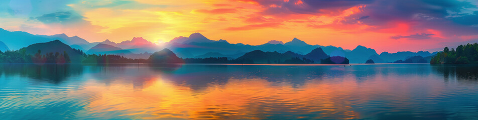 
A panoramic view of a beautiful colorful sunset over the sea with mountains in Thailand, a beautiful landscape. The view shows a panorama