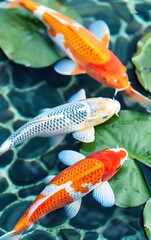 Three colorful koi fish swimming in a pond with lily pads