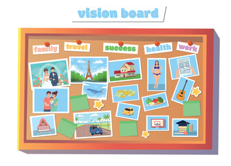 Vision board. Wish board with pictures. Visualization of all aspects of a person. Family, travel, success, finances, health, work and hobbies. Vector illustration in flat cartoon style.