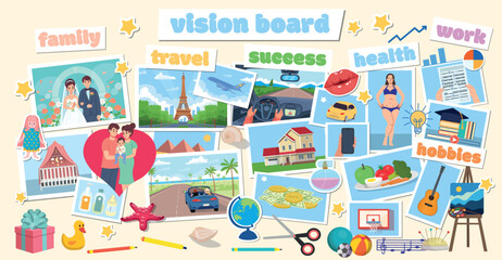 Wish board with pictures. Visualization of all aspects of a person. Family, travel, success, finances, health, work and hobbies. Vector illustration in flat cartoon style.