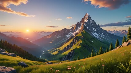 Majestic mountain peak with a golden sunrise over a lush valley.
