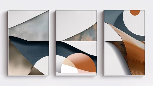 Three modern abstract posters featuring a continuous minimalistic image, each piece contributing to a cohesive and elegant composition on a white background