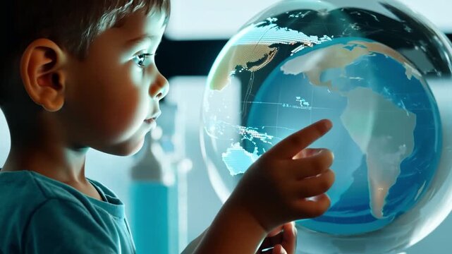 A young boy looks intently at a illuminated globe, possibly in a classroom setting.