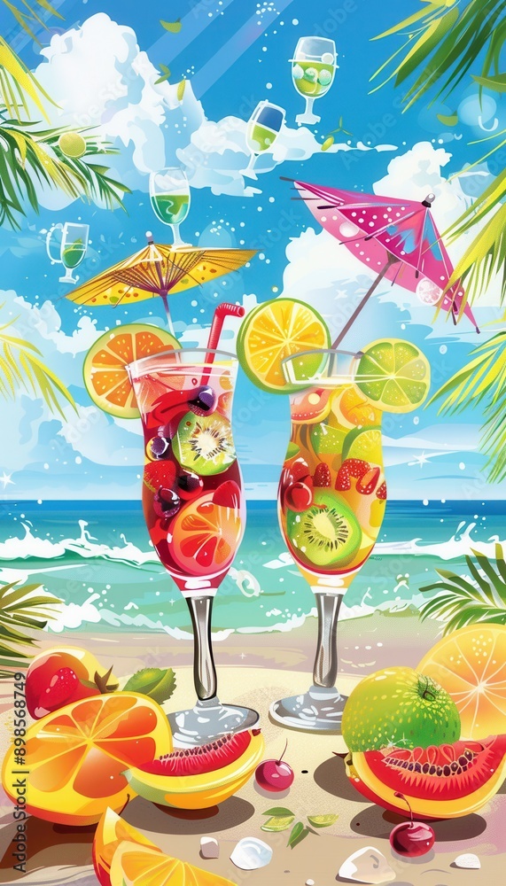 Poster two colorful cocktails adorned with fruit and umbrellas are nestled on a sandy beach with an ocean v