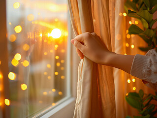 Woman's hand opened the curtains on the window