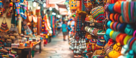 A bustling marketplace with colorful goods displayed for sale.