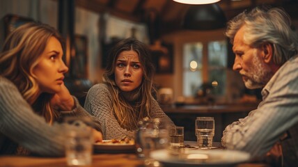 An angry mother and father engage in a heated discussion while their daughter watches from a distance, tears in her eyes. This image captures the emotional strain and heartache of family conflicts.