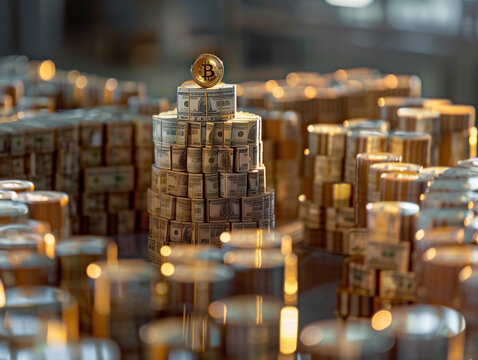 Bitcoin on tower of money with stacks of cash