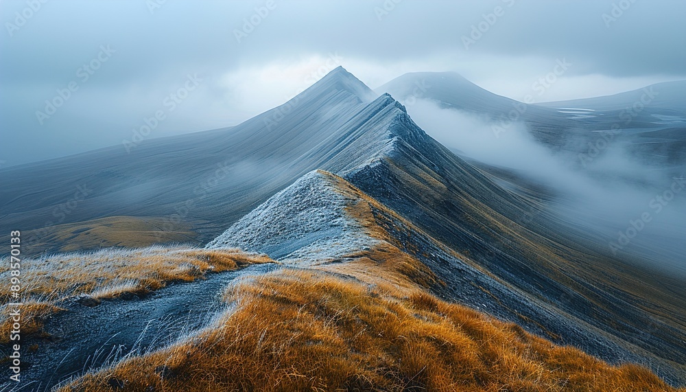 Sticker Majestic view of mountain ridge in cloudy sky