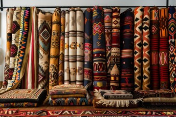 Obraz premium A collection of colorful, intricately patterned rugs displayed in a shop. The rugs are rolled up and displayed on a shelf, with a few smaller rugs laid out on the counter below.