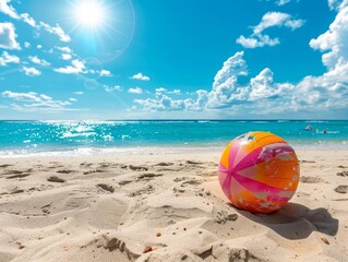 Obraz premium A colorful beach ball sits on a pristine, sandy beach with turquoise water and a bright blue sky.