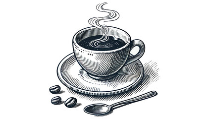 Hand-drawn coffee cup with steam on a plate