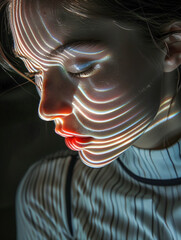 Young woman with lines pattern on body against black background