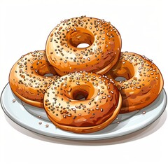 Freshly Baked Bagels with Sesame and Poppy Seeds on a White Plate.