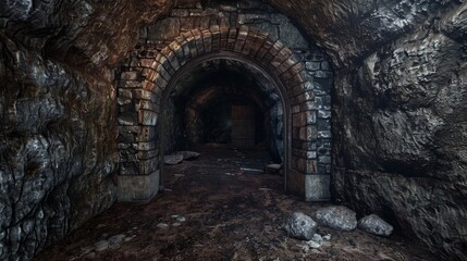 Obraz premium A dark, narrow tunnel with stone walls and a mysterious opening at the end. The atmosphere is eerie and mysterious.