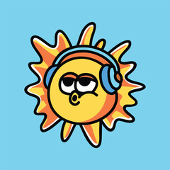 Cute Sun Music Headphone Vector Cartoon Illustration. Retro Icon Concept Isolated Premium Vector. Flat Cartoon Concept. Cute Doodle Cartoon Illustration Style. Suitable for Any Project