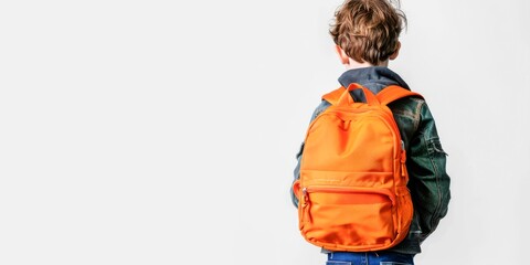  young boy wearing a backpack is seen from behind on a white background with copy space for text. back to school concept.