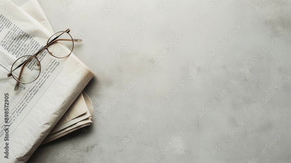 Aufkleber a stack of folded newspapers with round eyeglasses resting on top, against a white background. gener