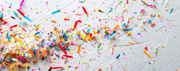 A celebratory message for the end of the week on a crisp white surface, with colorful confetti and streamers enhancing the joy.