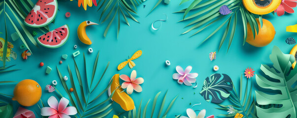 A lively message celebrating the end of the week on a bright teal surface, with tropical imagery and fun graphics.
