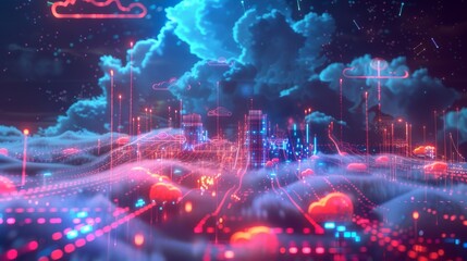 A futuristic cityscape with neon lights and glowing clouds