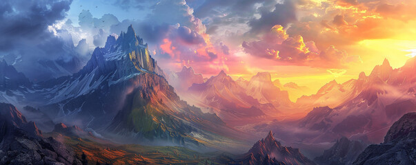 A dramatic mountain landscape backdrop with rugged peaks, deep valleys, and a vibrant sunset, perfect for an adventurous and bold setting.