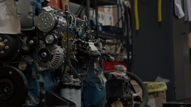 No people side shot of tractor internal combustion engine at heavy machinery production factory