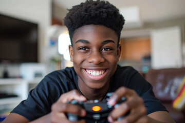 African teenager playing video games at home 