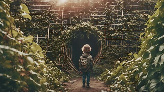 Child looking at a mysterious tunnel entrance in an enchanted garden. Childhood adventures, mystery garden concepts. High quality 4k footage