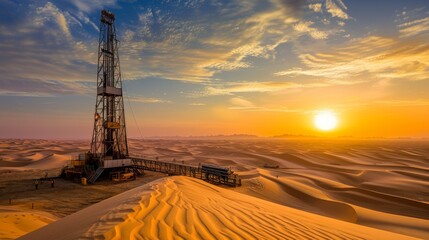 A detailed oil and land drilling rig set against a desert landscape, towering machinery with intricate details, workers in safety gear operating the equipment, the sun setting in the background.