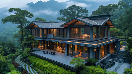 A Chinese style villa with wooden windows and doors, steel roof tiles on the gable wall of the two-floor building, flat roofs and eaves, large floor-to-ceiling glass window,