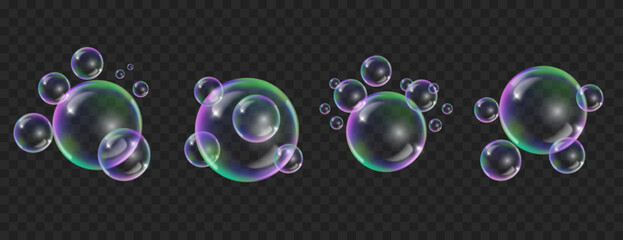 Soap bubbles realistic set isolated .Flying colorful bubble on black transparent background.