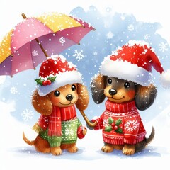 Two adorable dachshund puppies in Christmas hats and sweaters stand under an umbrella in a snowy winter scene.